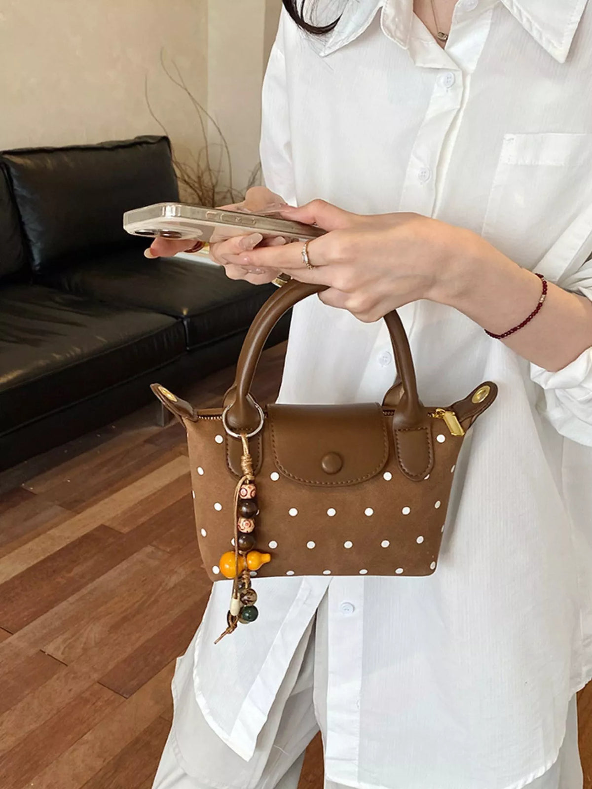 PU Leather Polka Dot Crossbody Bag in Brown