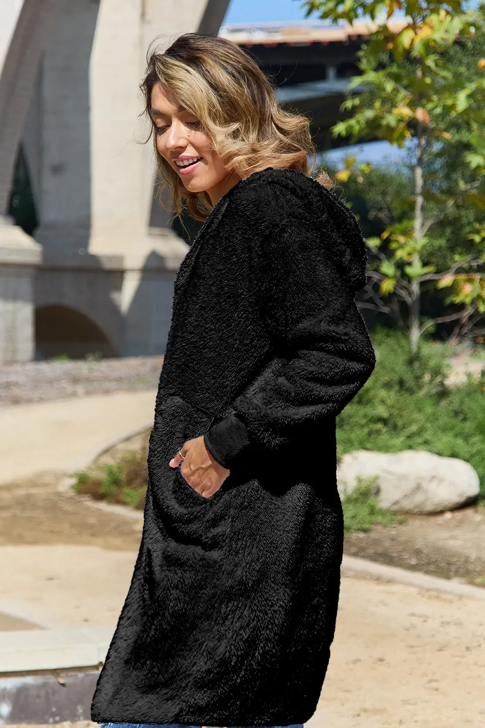 Double Take Women's Full Size Hooded Teddy Bear Jacket with Thumbholes
