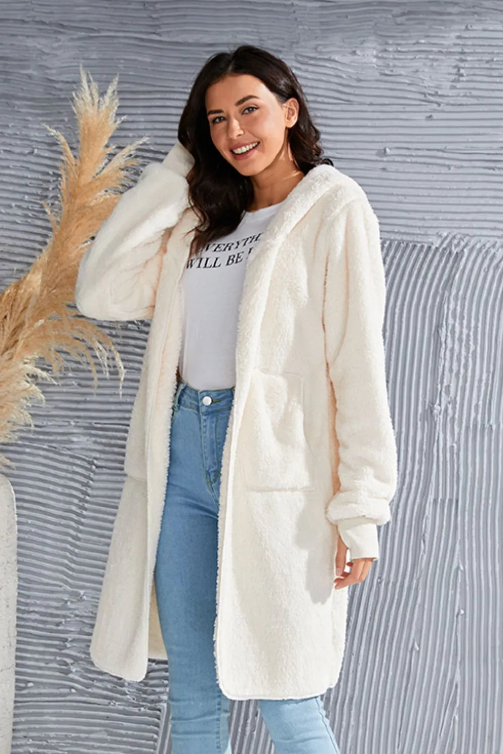Double Take Women's Full Size Hooded Teddy Bear Jacket with Thumbholes