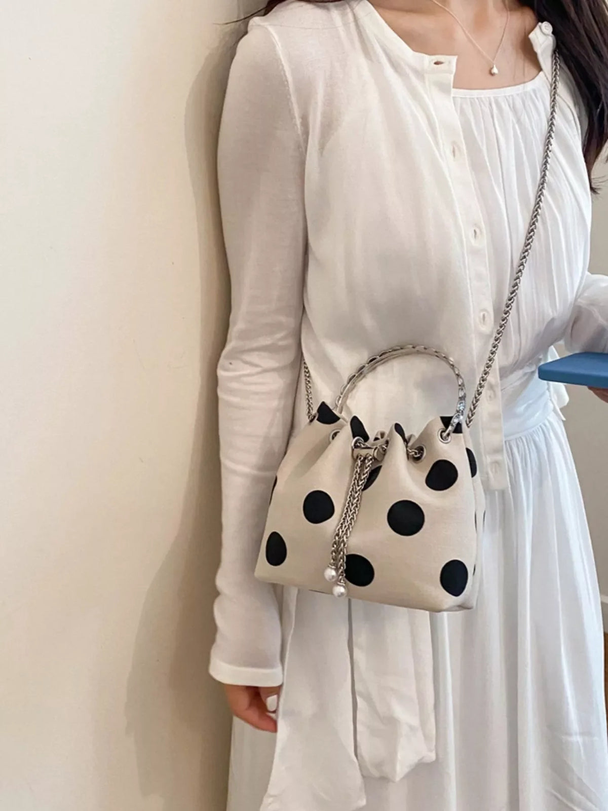 PU Leather Polka Dot Bucket Crossbody Bag