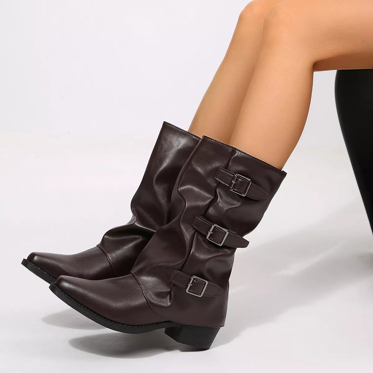 Double Buckle Pointed Toe Block Heel Boots
