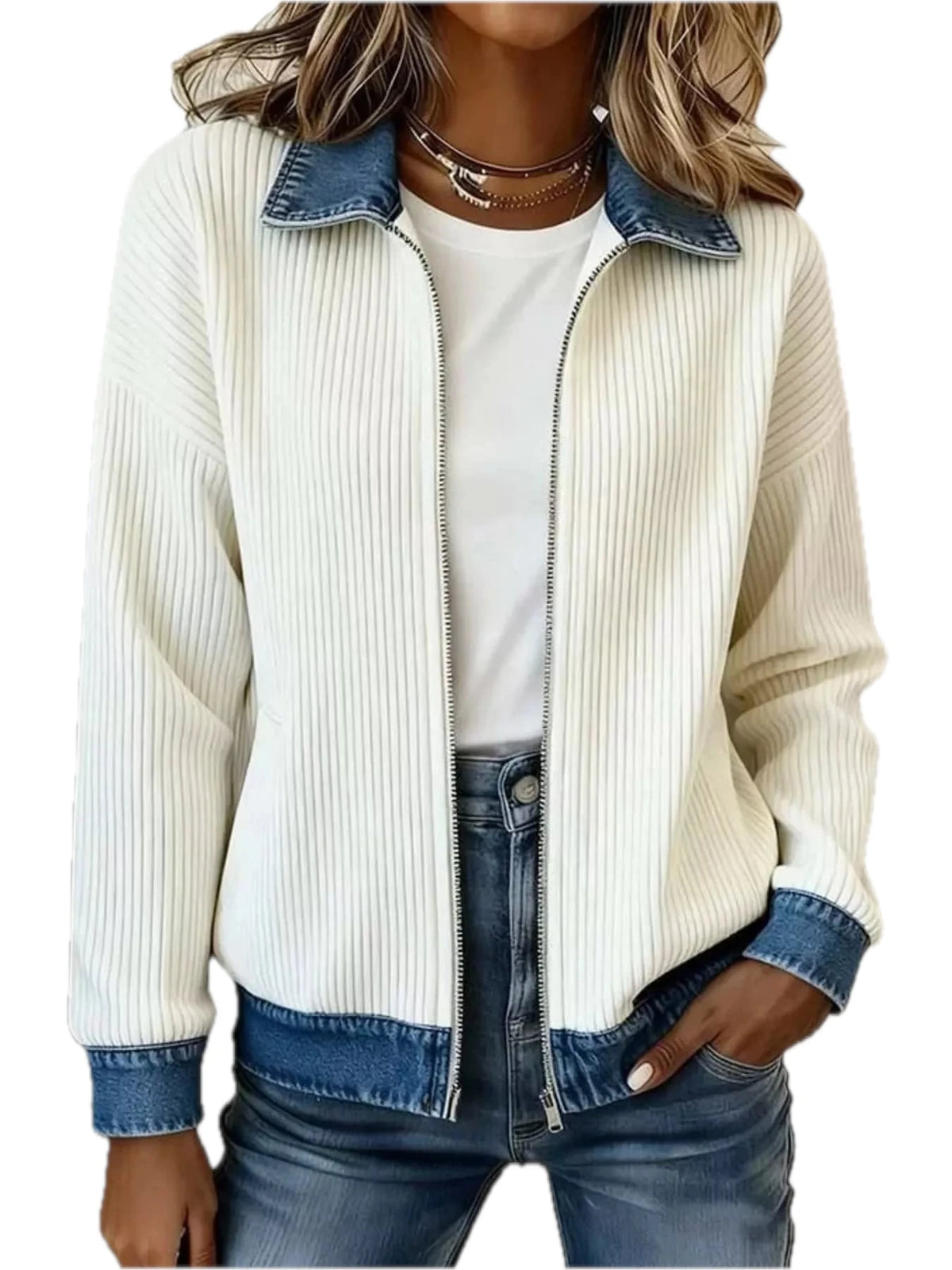 Contrast Denim Collar Knit Jacket