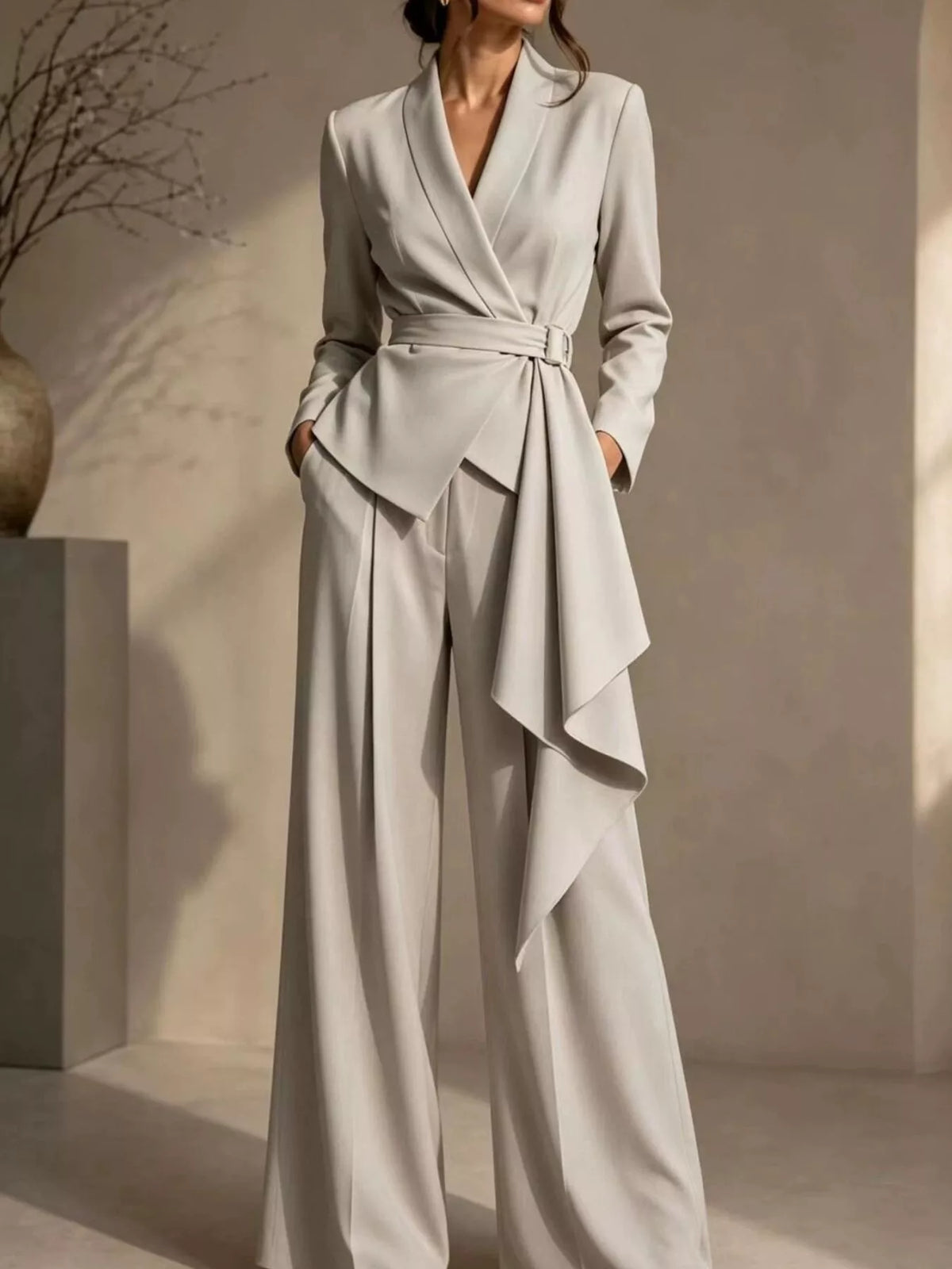 Full Size Belted Blazer and Wide-Leg Pants Set for Women Plus Size