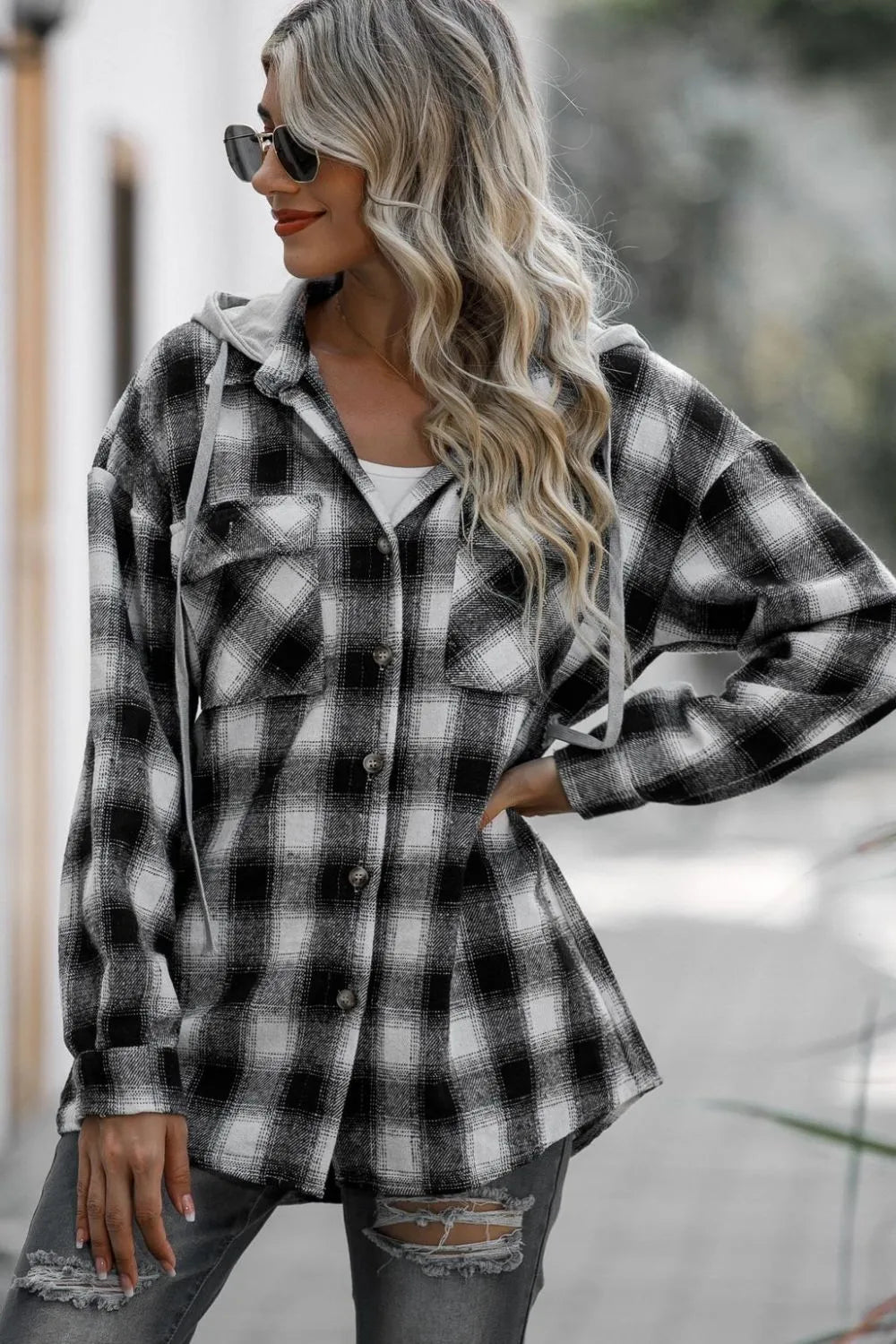 Double Take Plaid Hooded Shacket