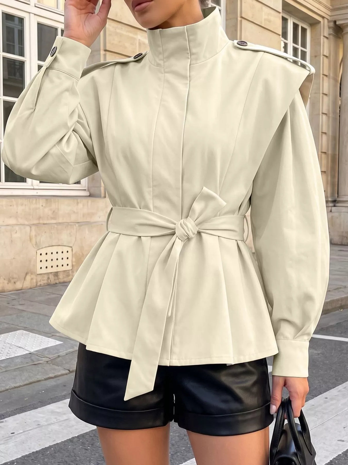 Belted Stand Collar Outerwear