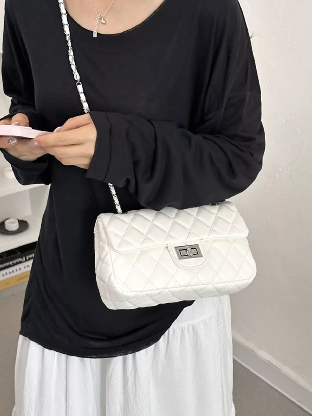Wide Flap Quilted Chain Crossbody Bag