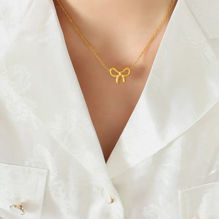 Gold-Plated Titanium Steel Bow Pendant Necklace for Women