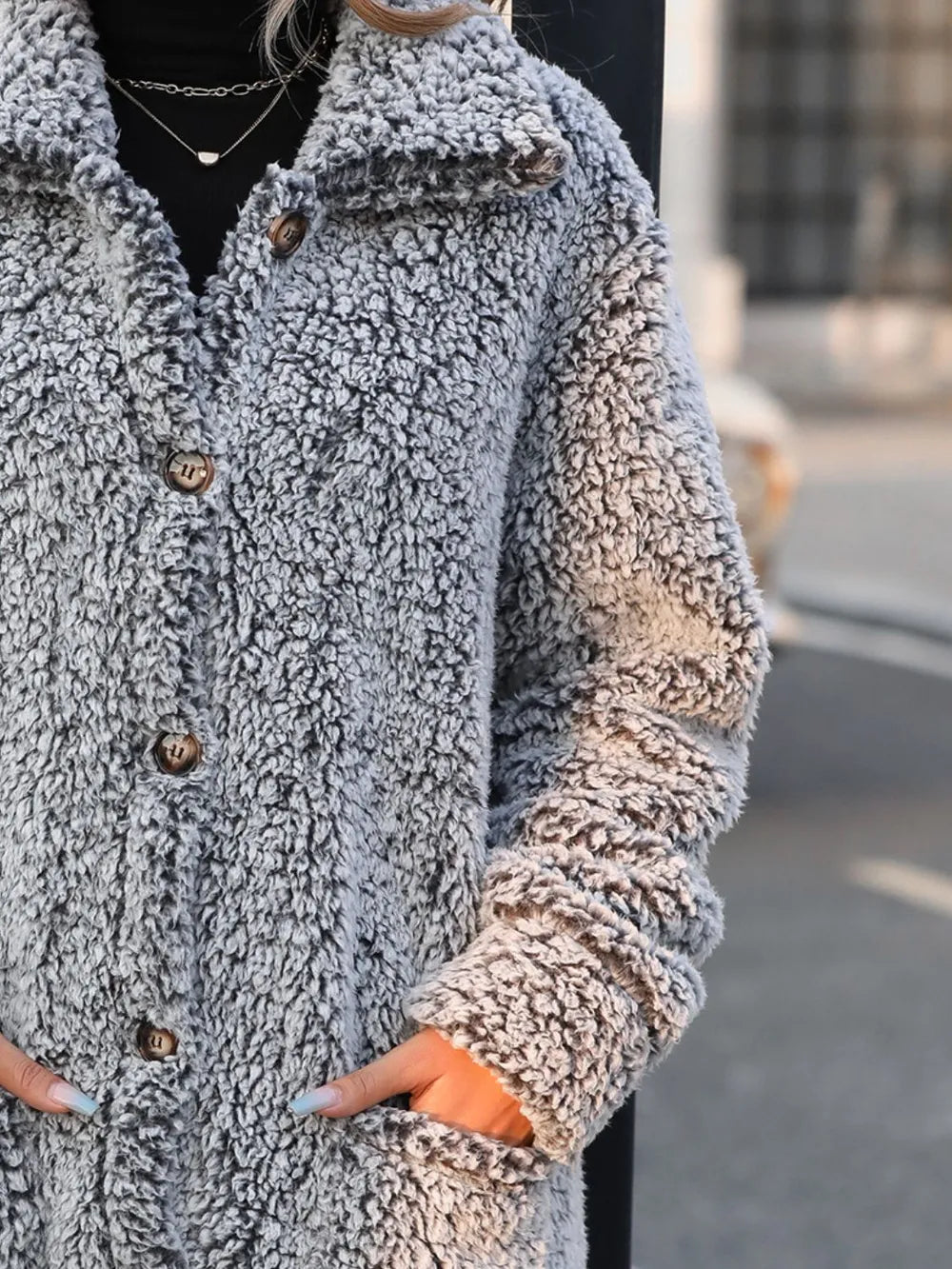 Pocketed Collared Neck Long Sleeve Plush Jacket for Women