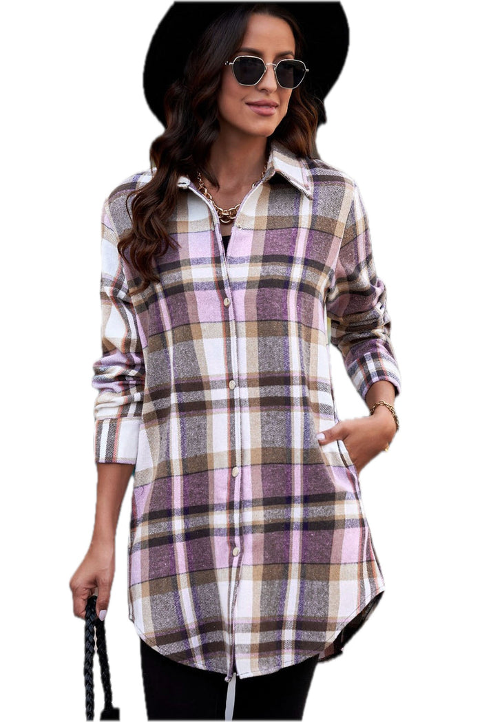 Plaid Button-Up Longline Shirt Jacket for Women