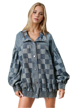 Double Take Checkered Button Up Denim Jacket