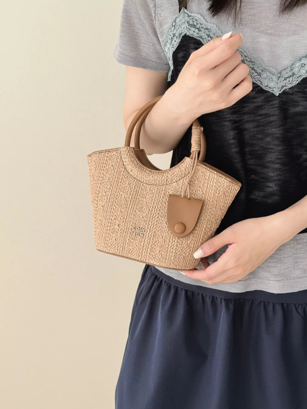 PU Leather Top Handle Crossbody Bag in Khaki