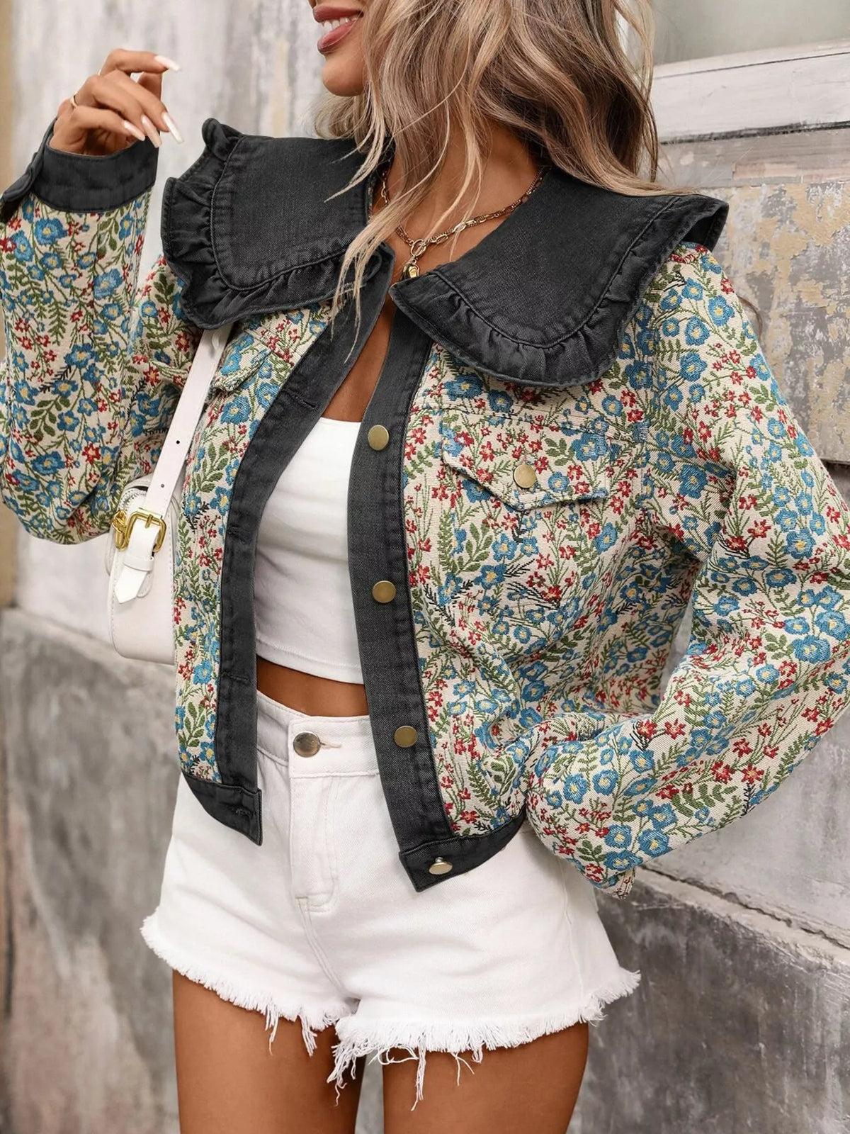 Floral Ruffle Collar Denim Jacket for Women