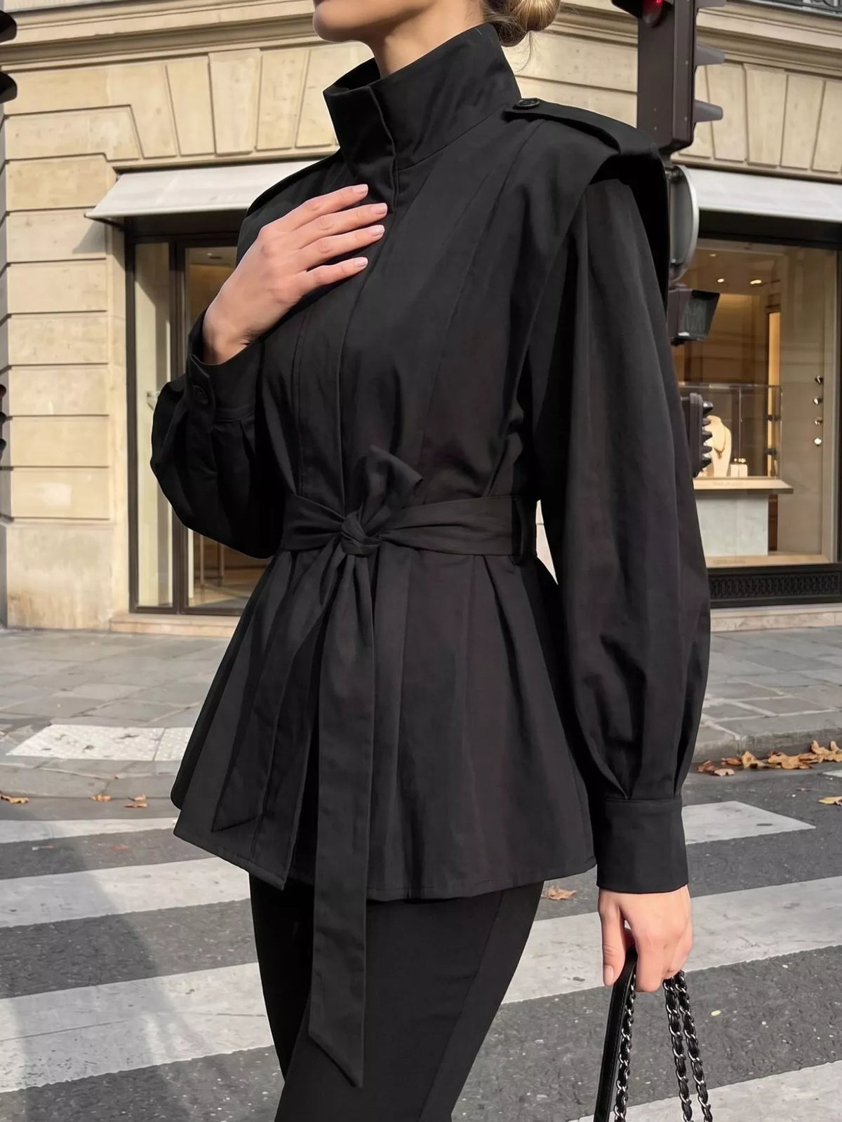 Belted Stand Collar Outerwear