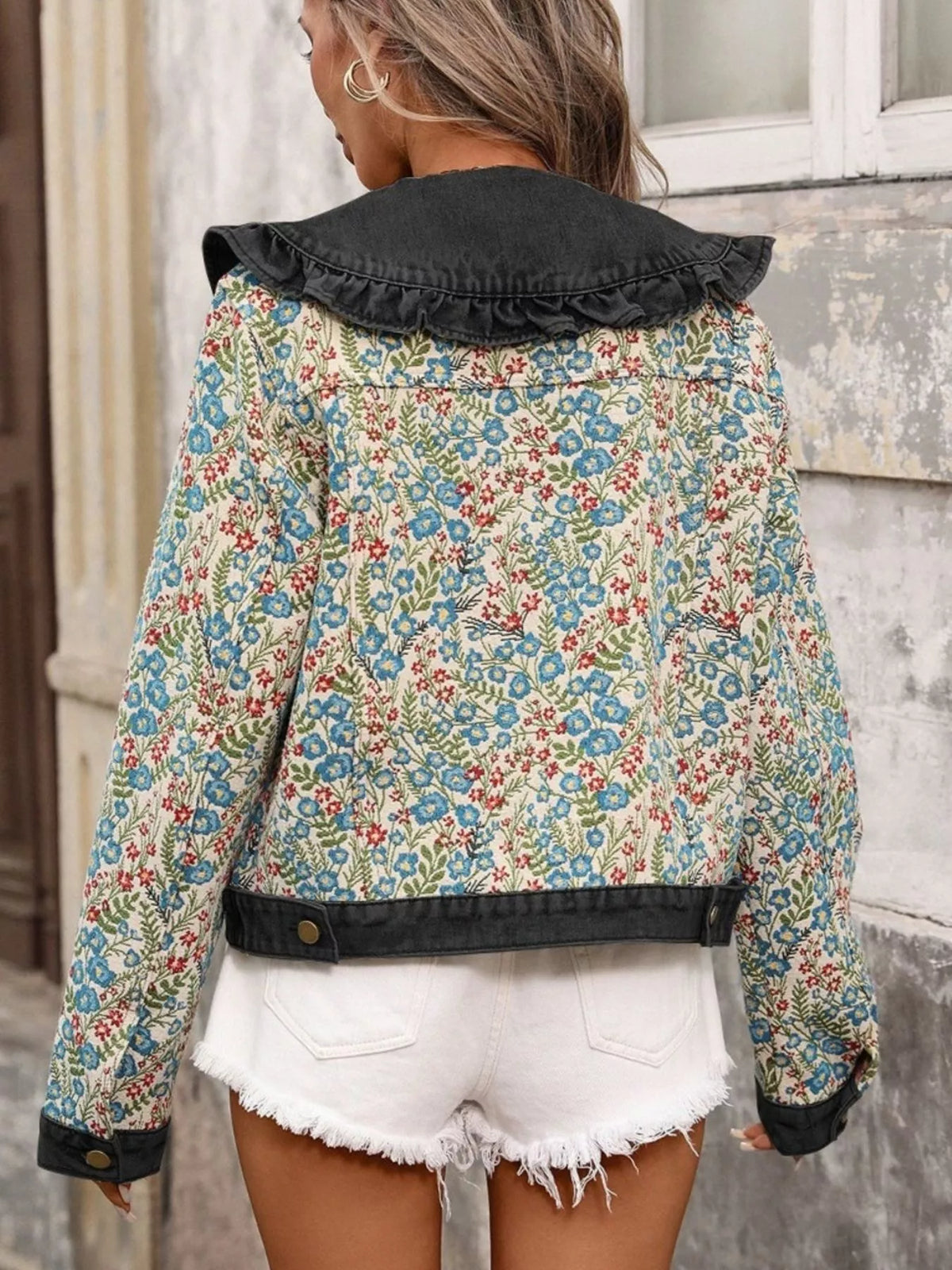 Floral Ruffle Collar Denim Jacket