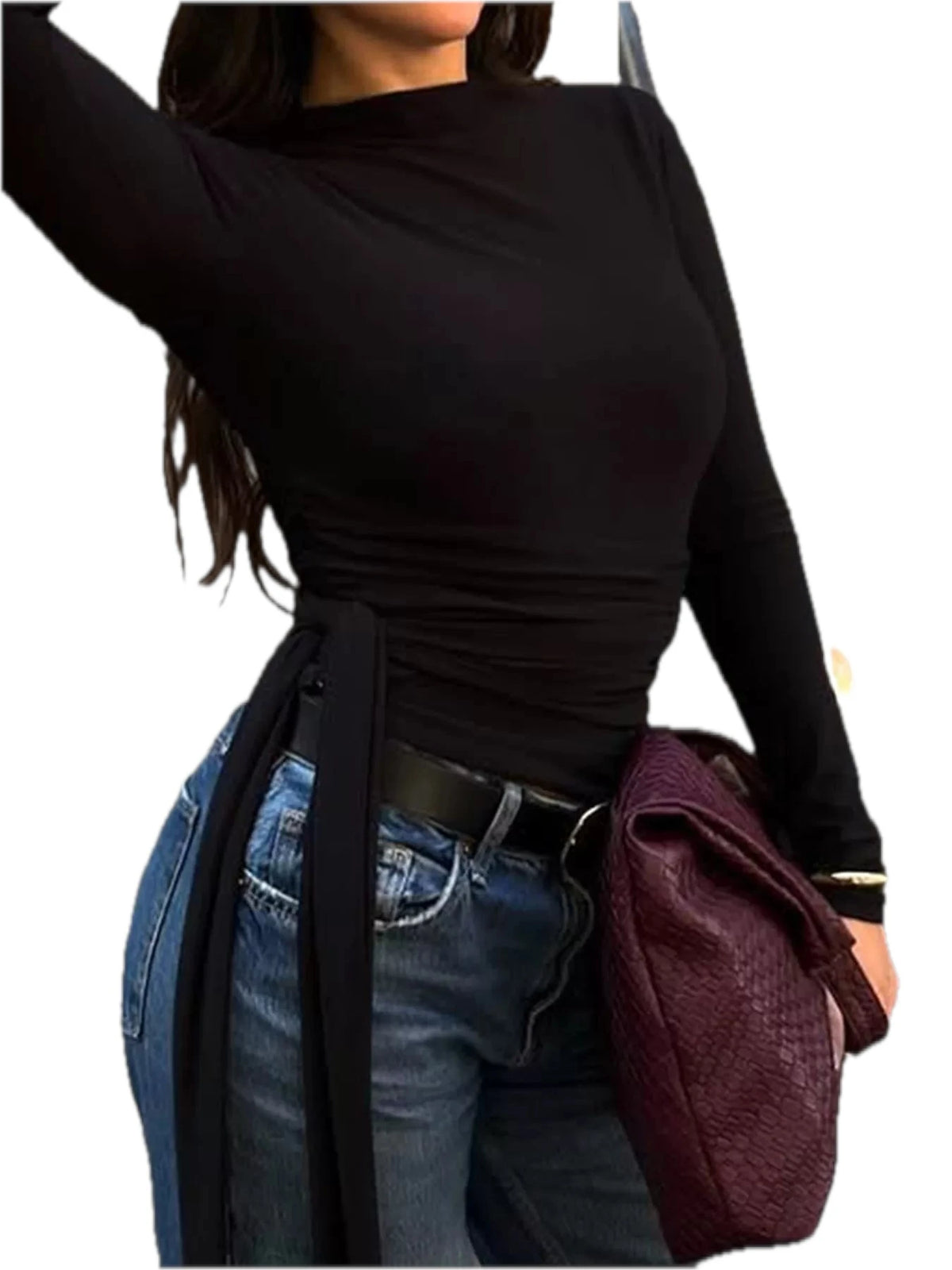 Side Tie Mock Neck Long Sleeve T-Shirt