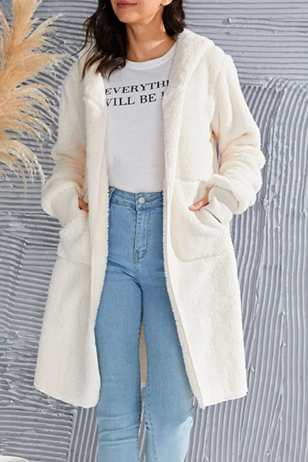 Double Take Women's Full Size Hooded Teddy Bear Jacket with Thumbholes