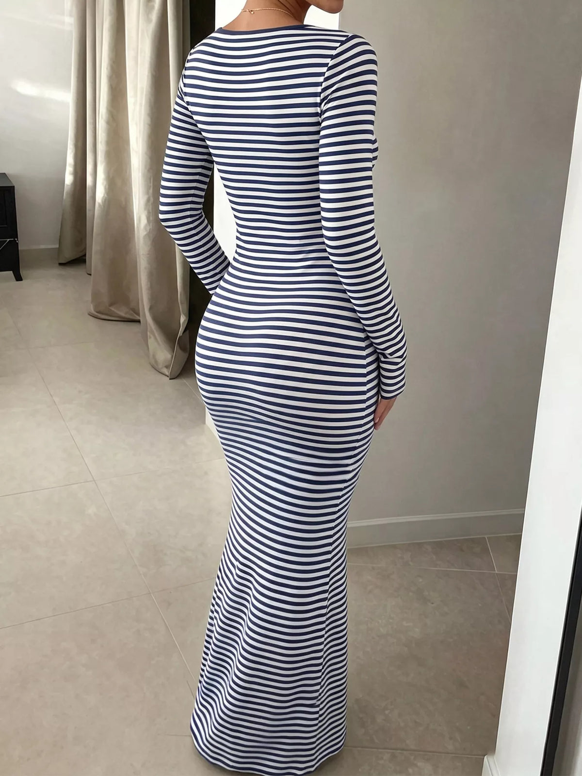Striped Square Neck Long Sleeve Maxi Dress