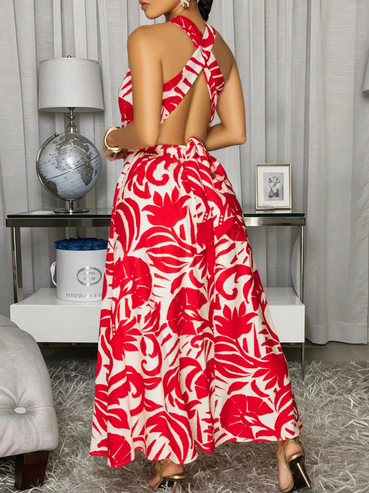 Backless Printed Sleeveless Maxi Dress for Women