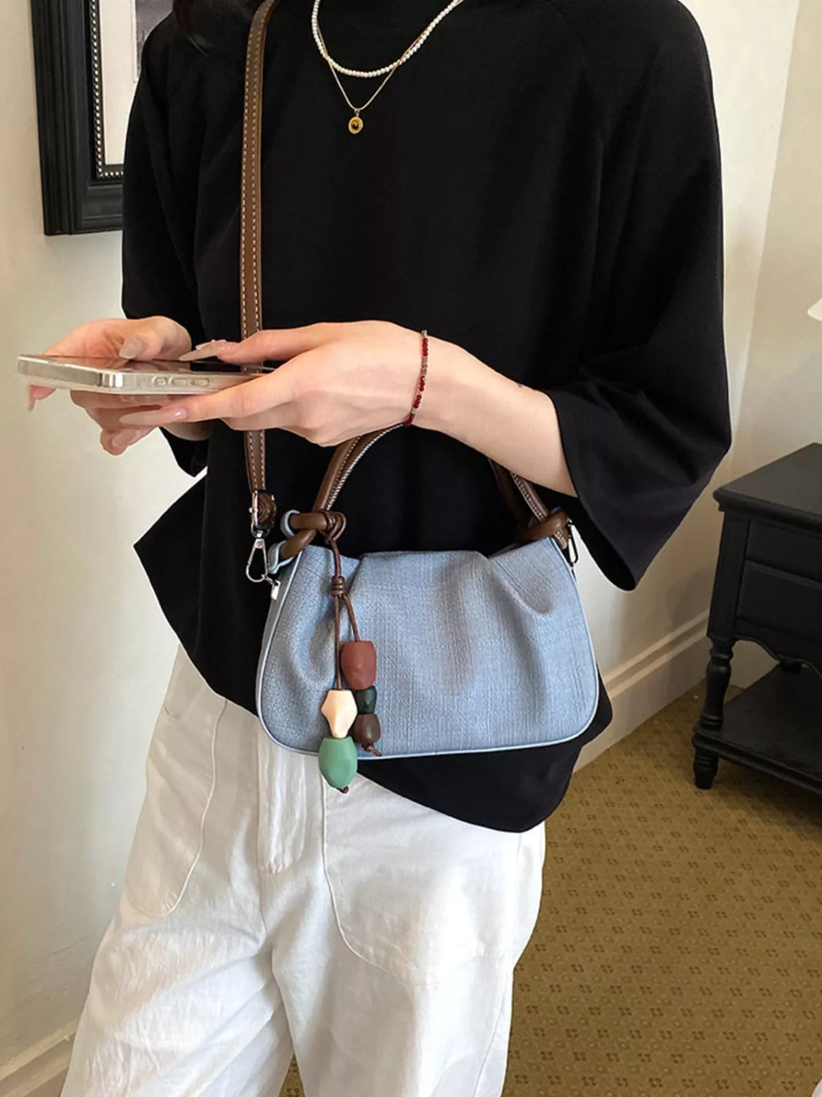 Ruched Top Handle Crossbody Bag in Blue