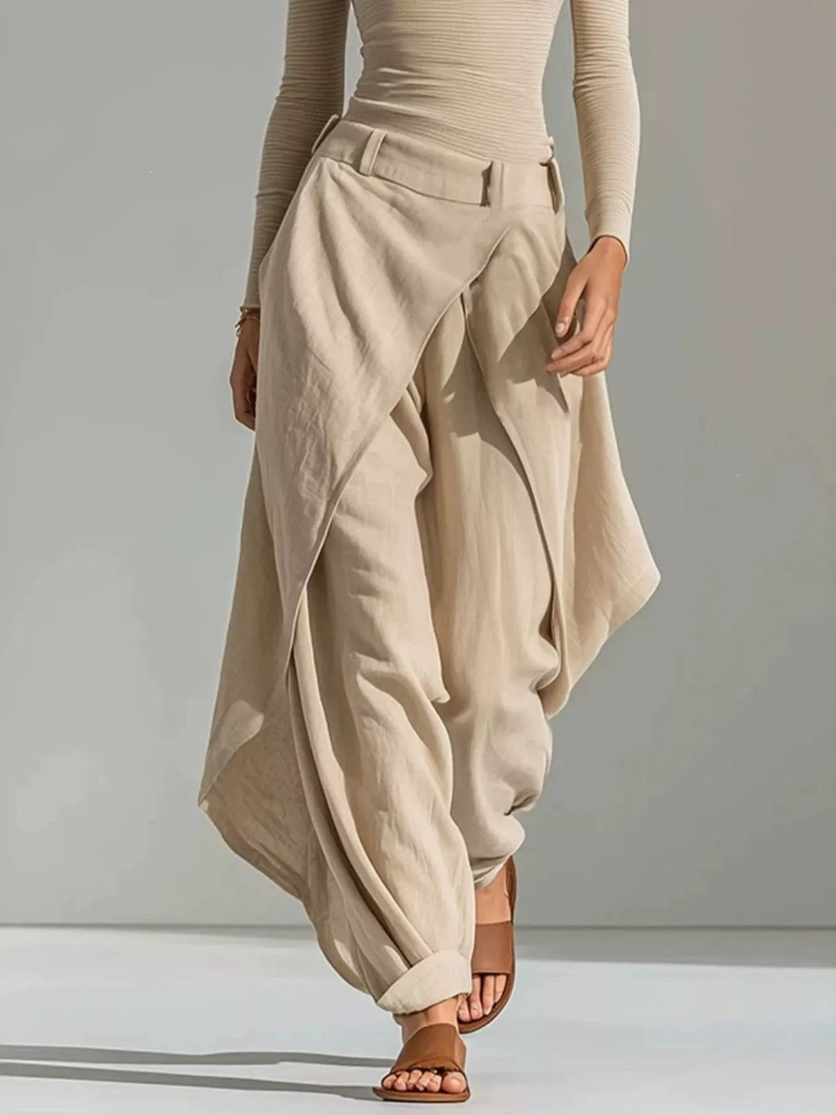 Boat Neck Long Sleeve Top and Wrap-Front Wide Leg Pant Set for Women