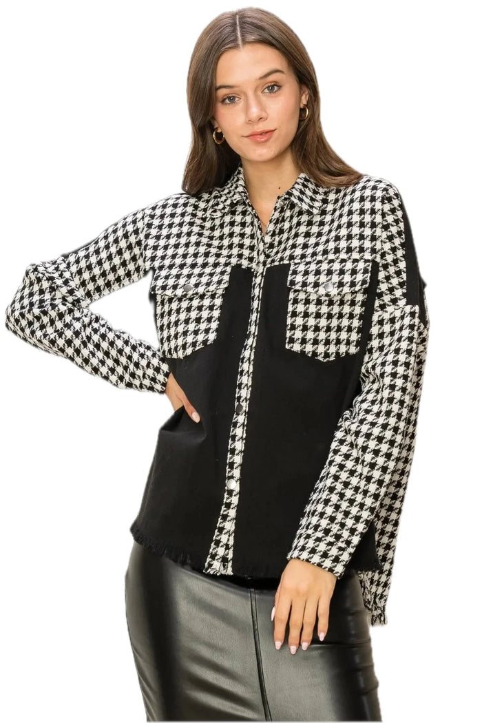 HYFVE Houndstooth Contrast Raw Hem Jacket