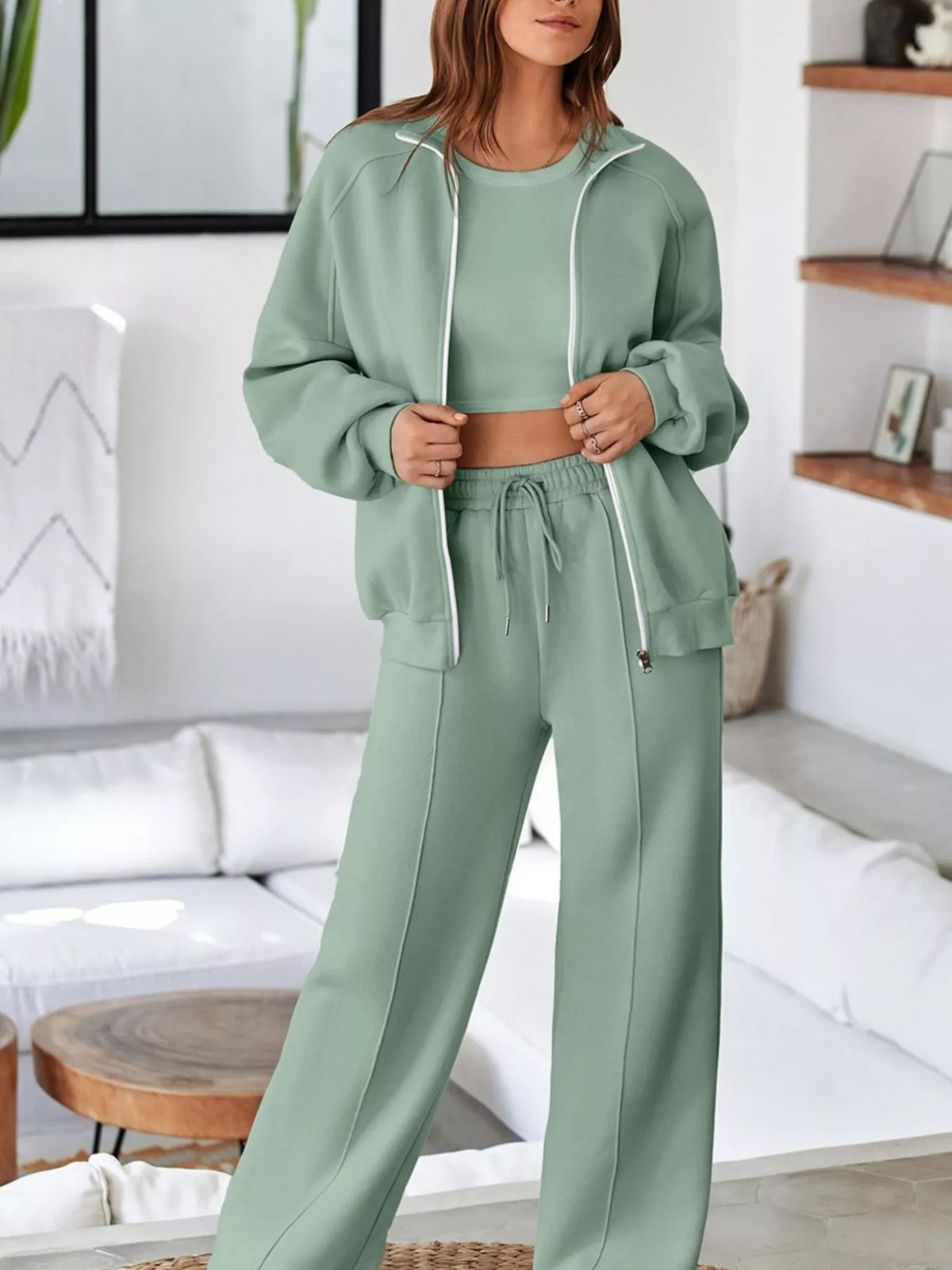 Zip Up Jacket and Pants Active Two-Piece Set