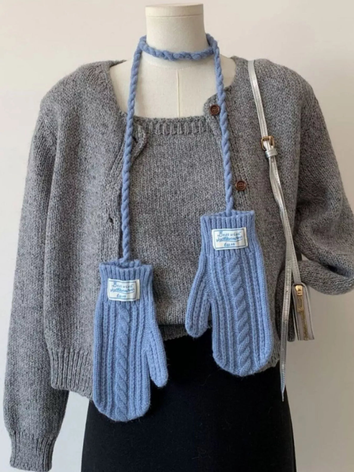 Cable Knitted Mittens with Neck Strap