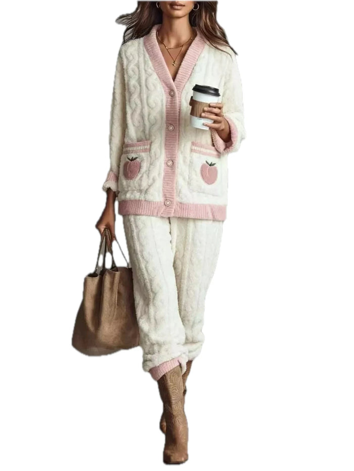 Peach Fleece Contrast Trim Top and Pants Lounge Set for Women