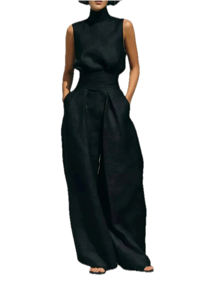 Full Size Turtleneck Sleeveless Top and Wide Leg Pants Set for Women Plus Size