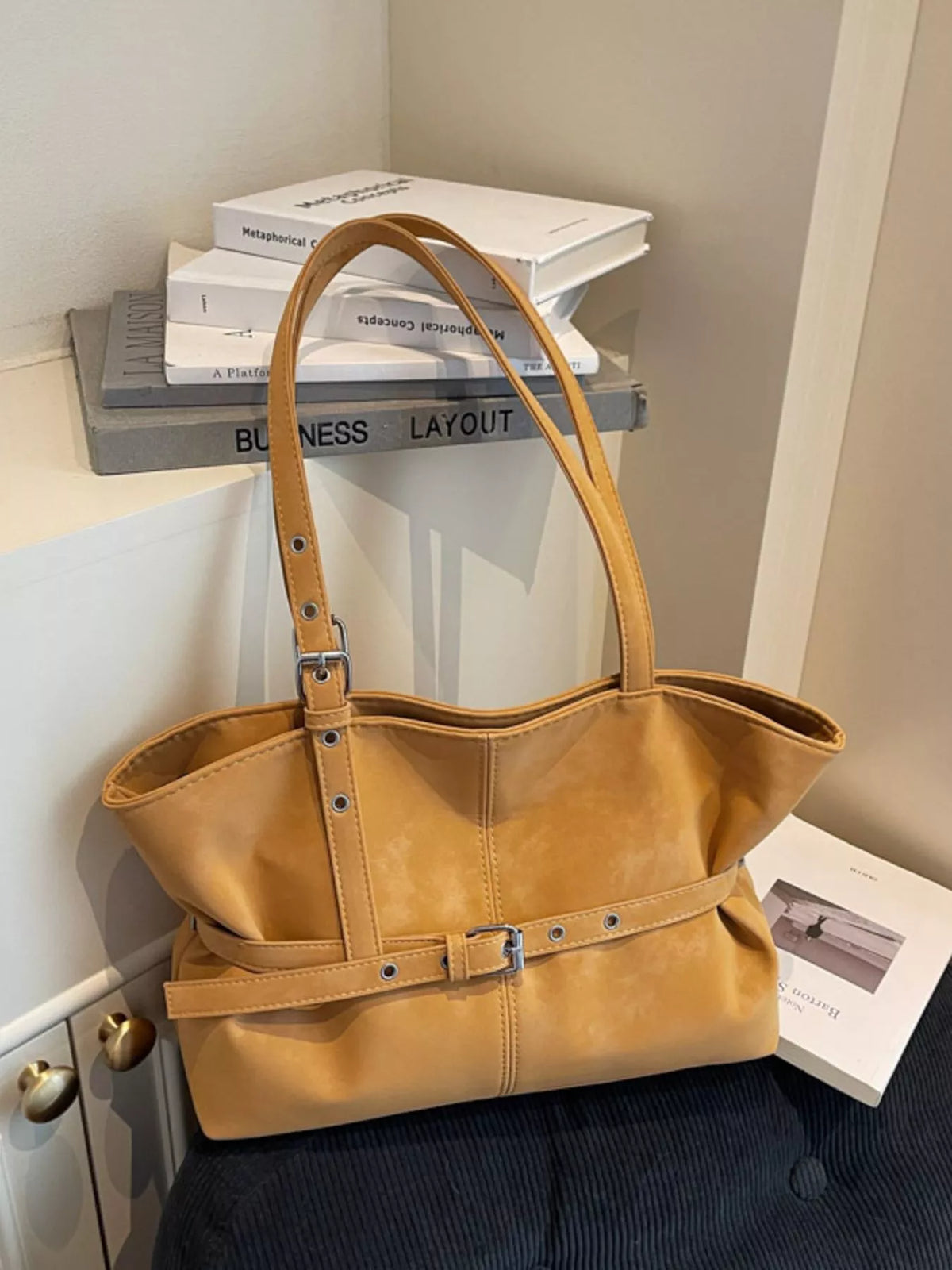 Washed Suede Buckle Tote Bag