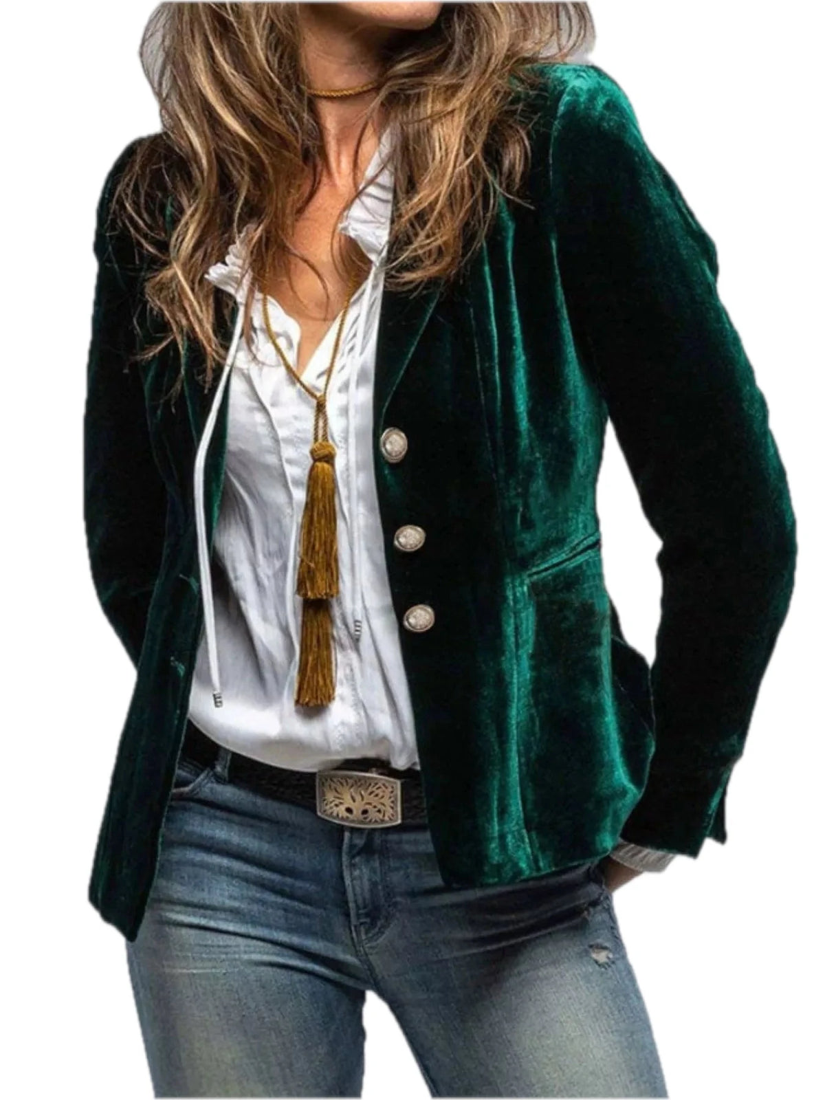 Women's Single Row Buttons Velvet Lapel Collar Button Up Blazer