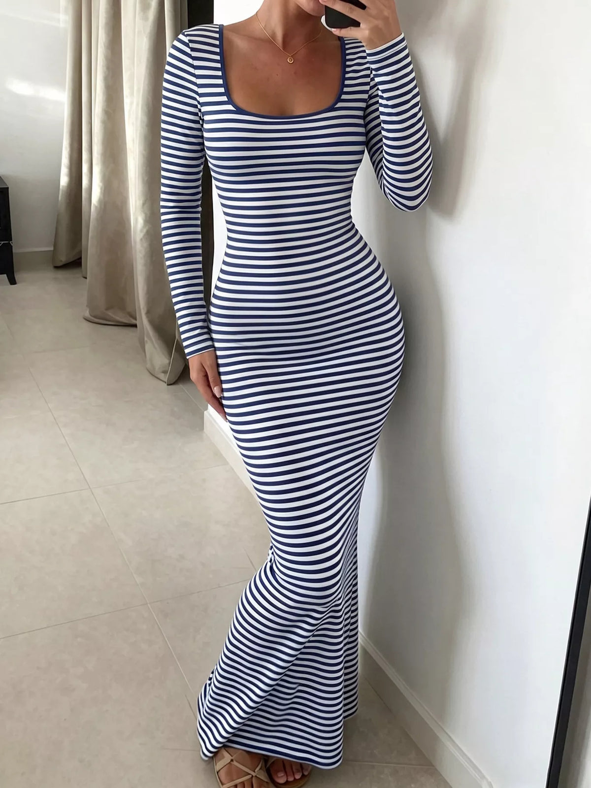Striped Square Neck Long Sleeve Maxi Dress