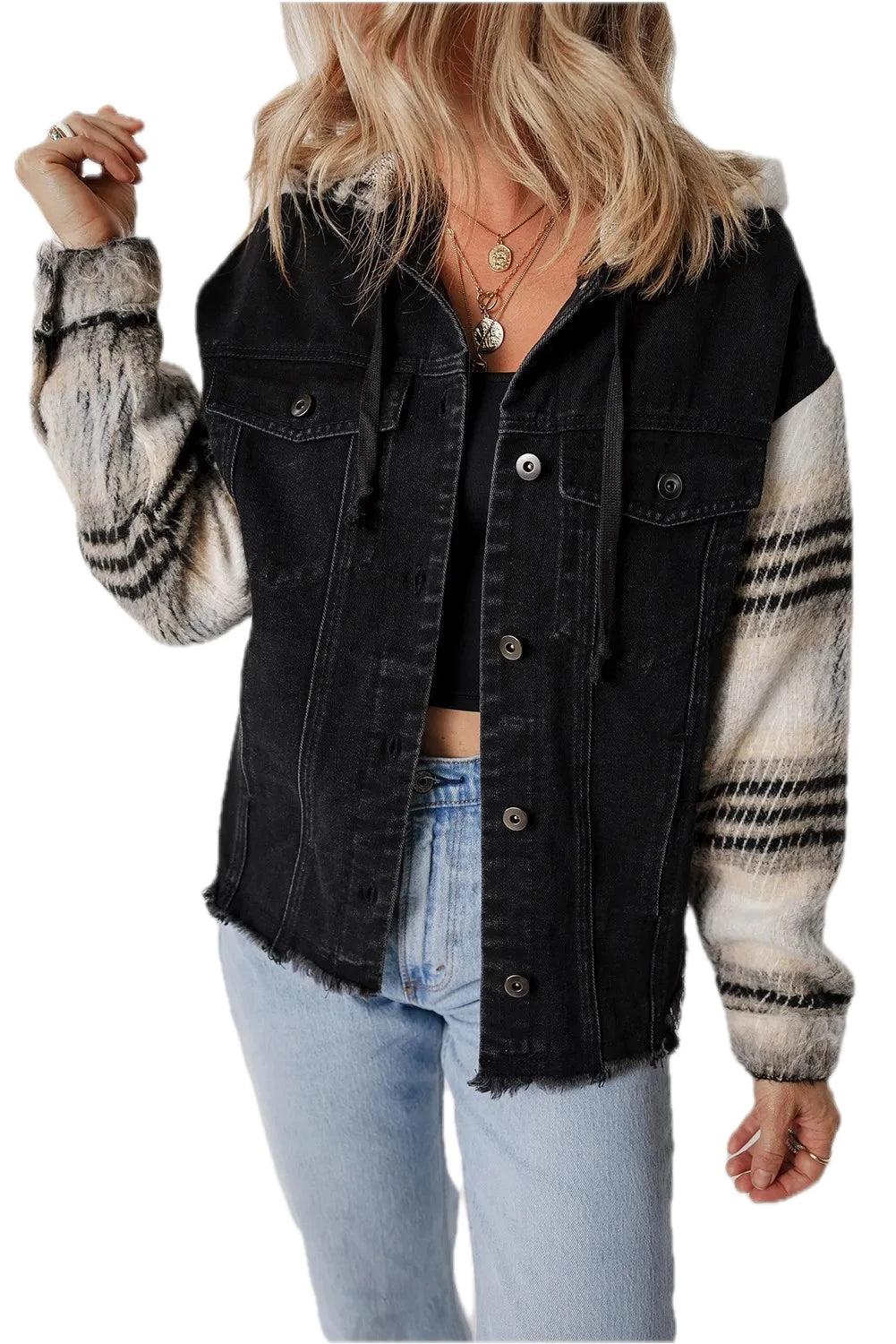 Drawstring Raw Hem Hooded Denim Jacket
