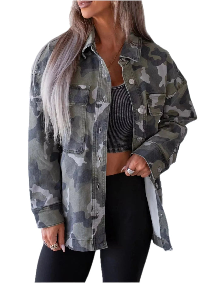Oversized Camouflage Print Button Up Denim Jacket for Women