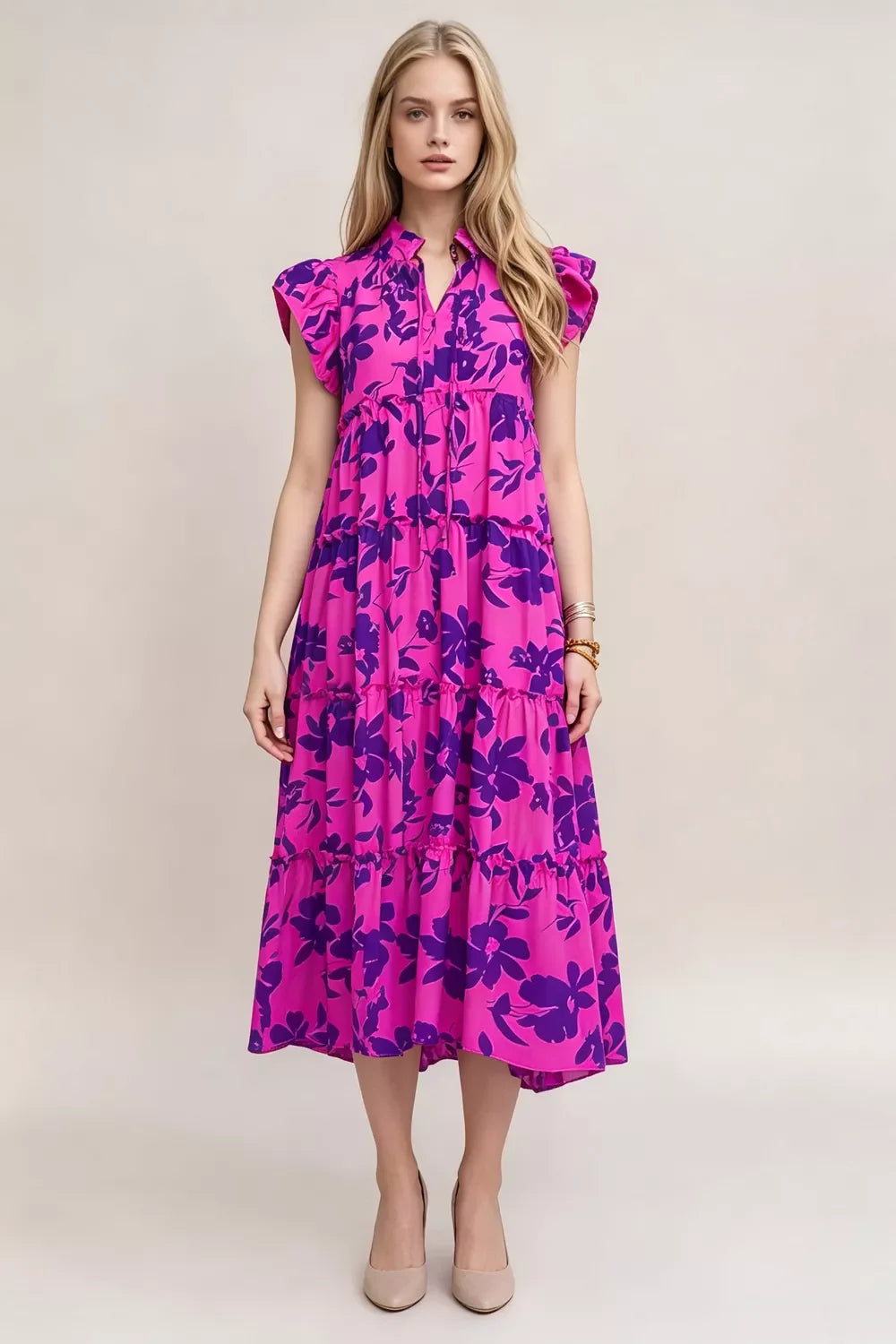 Oh Full Size Floral Ruffled Cap Sleeve Loose Flowy Summer Vacation Tiered Midi Dress for Women Plus Size