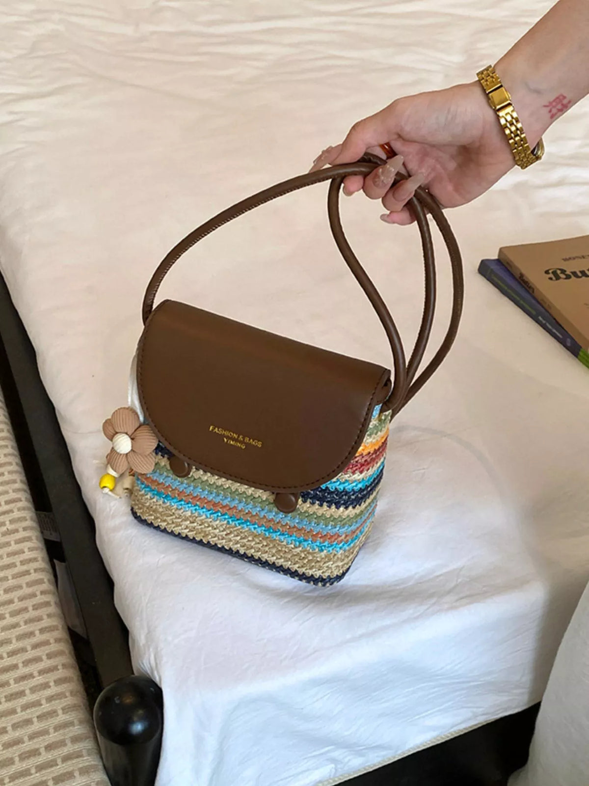 PU Leather Striped Woven Crossbody Bag