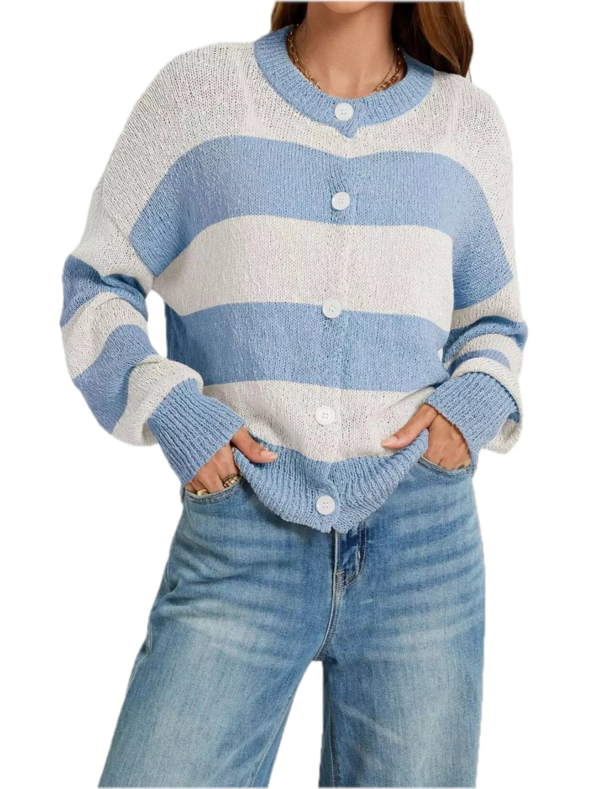 Casual Striped Button Down Knit Cardigan