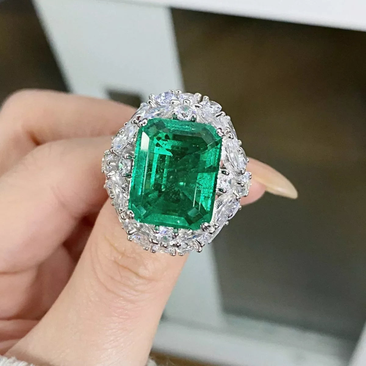 925 Sterling Silver Zircon Ring for Women in Dark Green