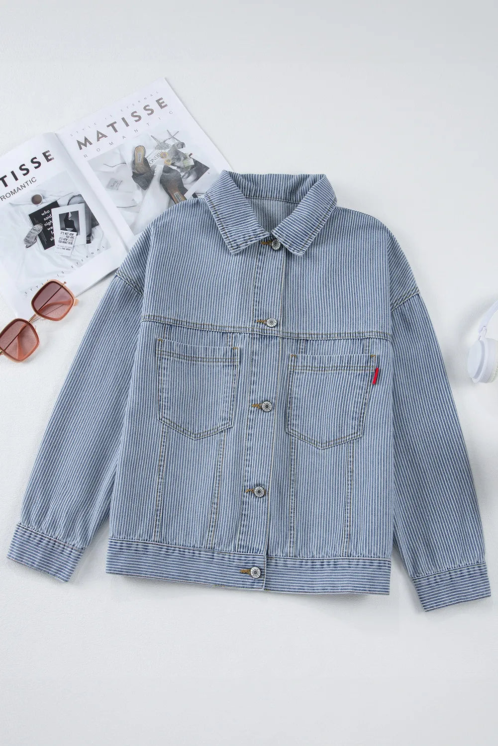 Women's Striped Button Up Long Sleeve Denim Jacket