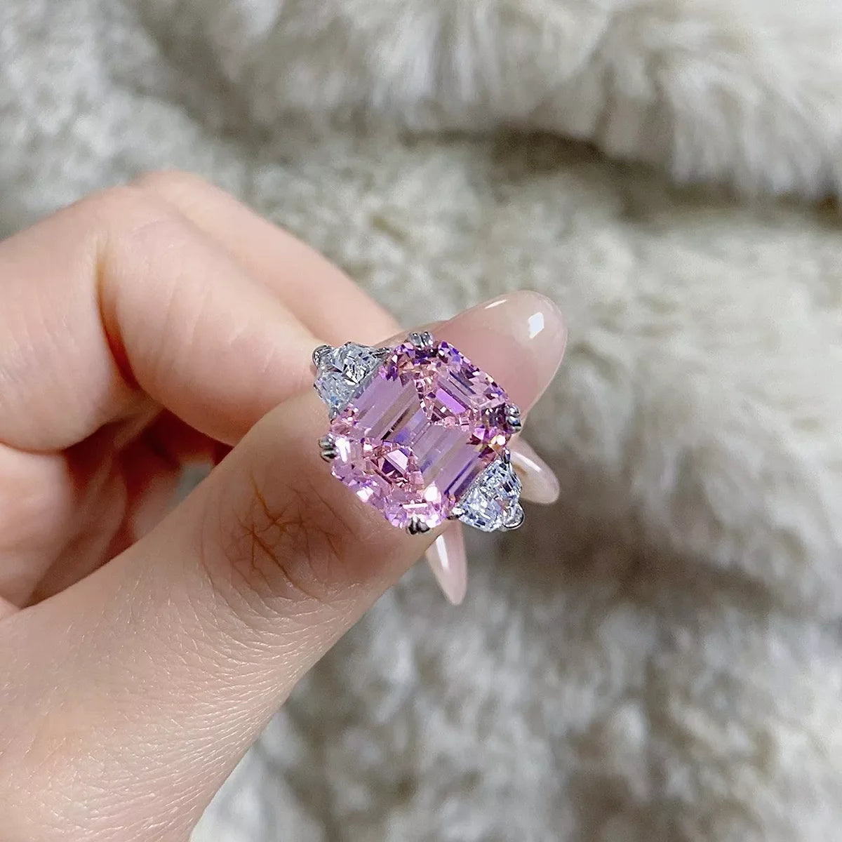 925 Sterling Silver Zircon Geometric Ring for Women in Blush Pink