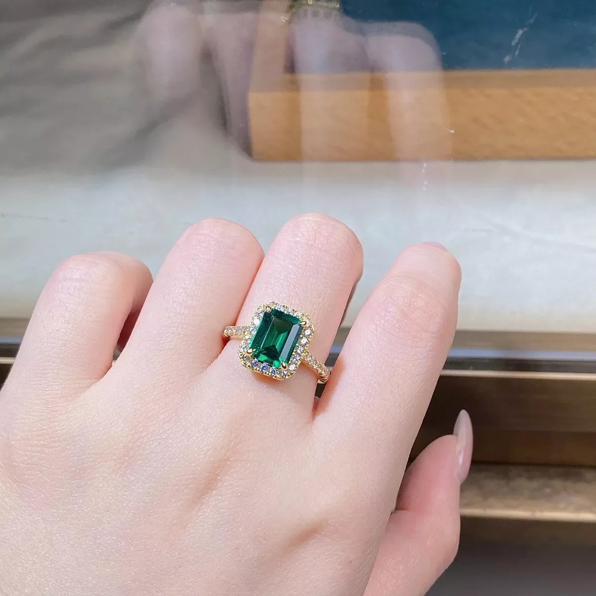 18K Gold-Plated 925 Sterling Silver Zircon Geometric Ring for Women in Dark Green
