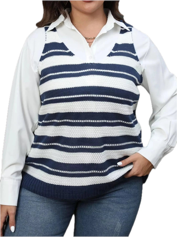 Striped V Neck Sweater Vest Plus Size