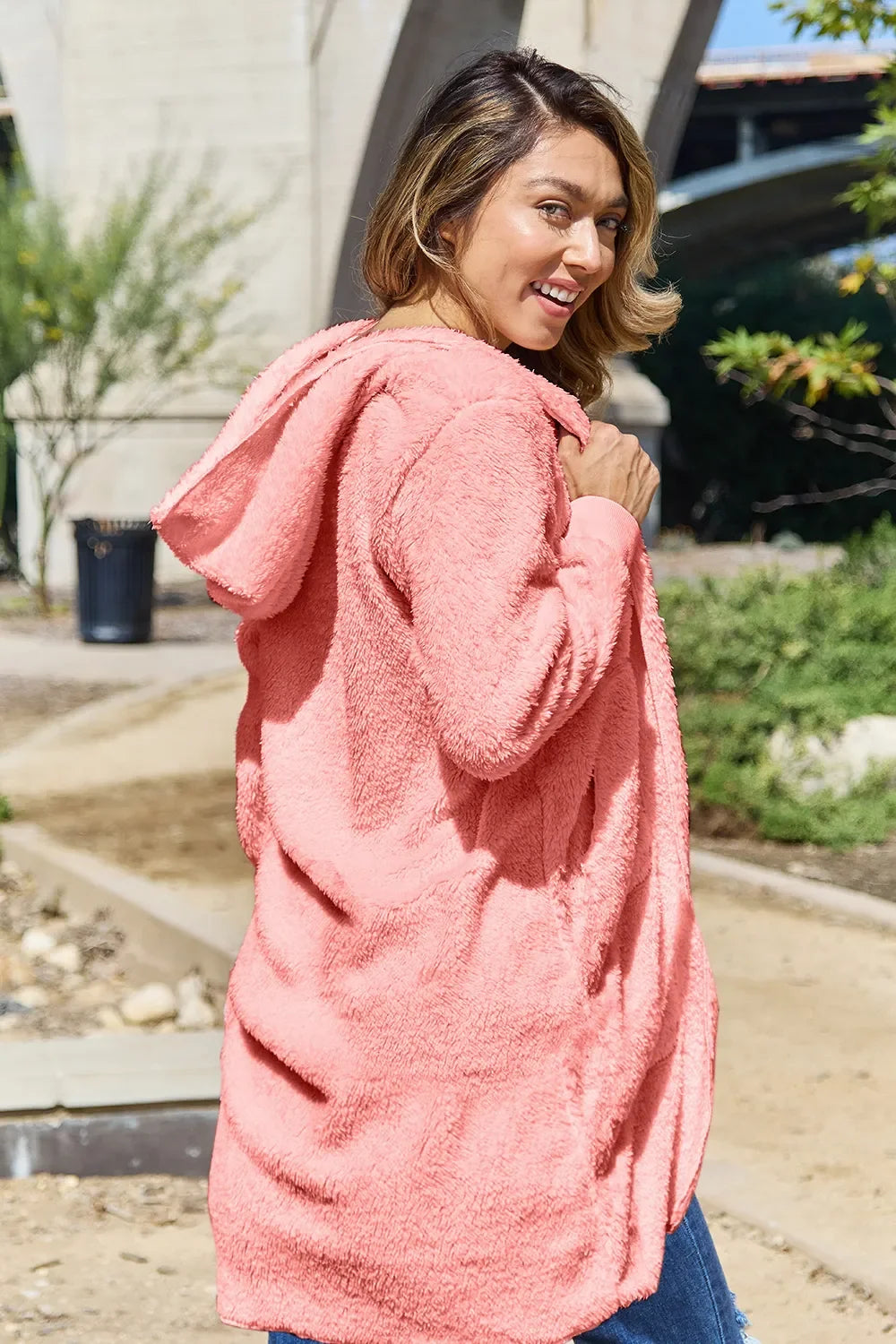 Double Take Women's Full Size Hooded Teddy Bear Jacket with Thumbholes