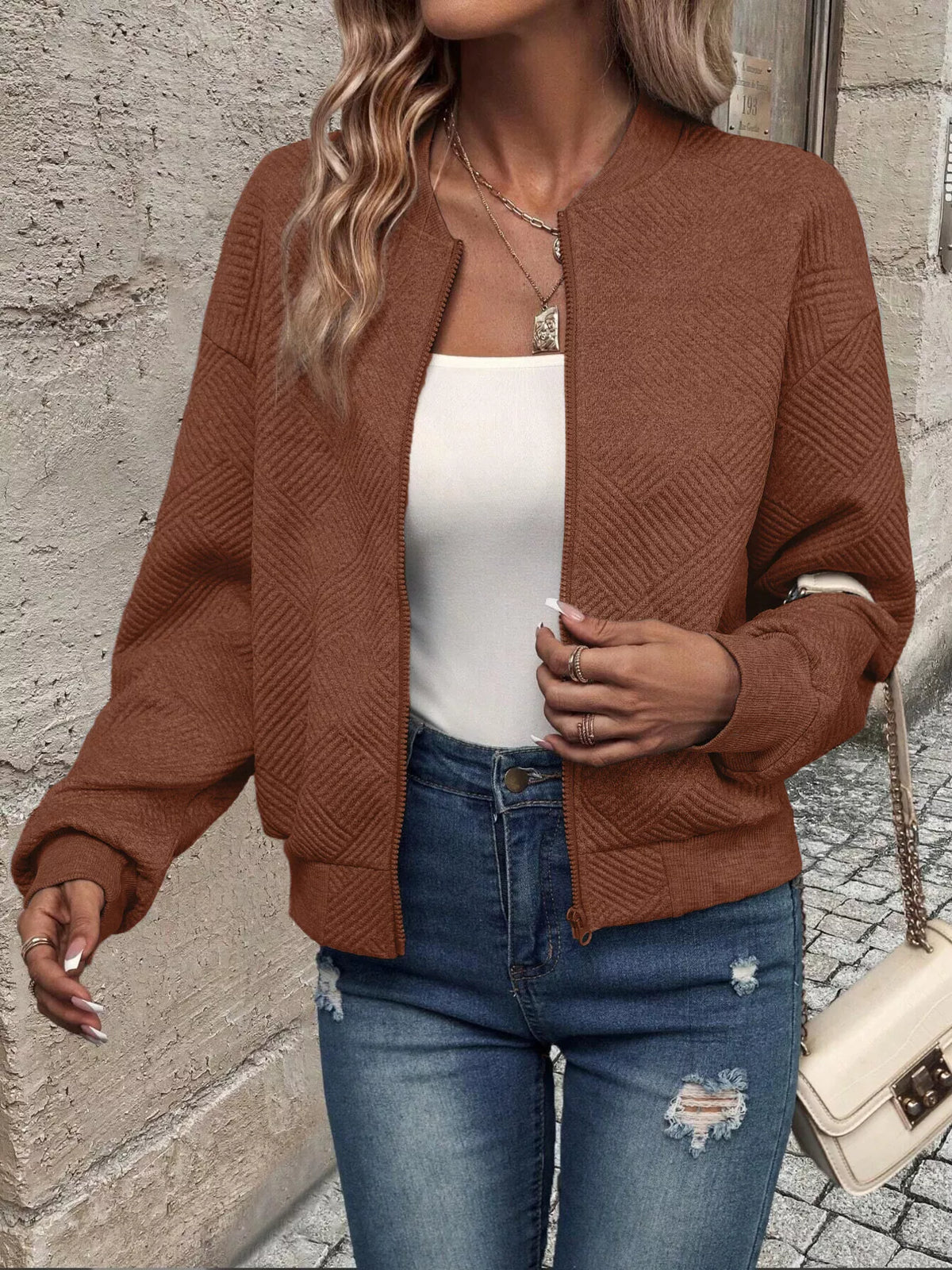 Textured Knit Zip Up Jacket