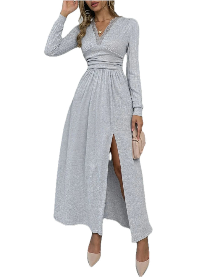 Lace Detail V-Neck Maxi Dress for Women with Side Slit