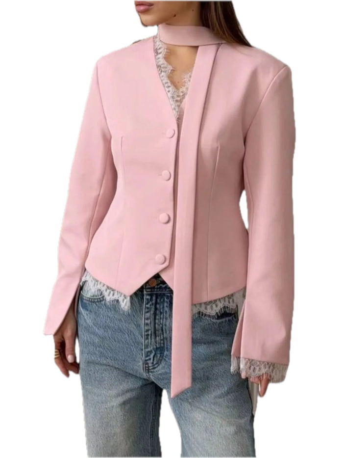 Women's Lace Trim Button Up Blazer