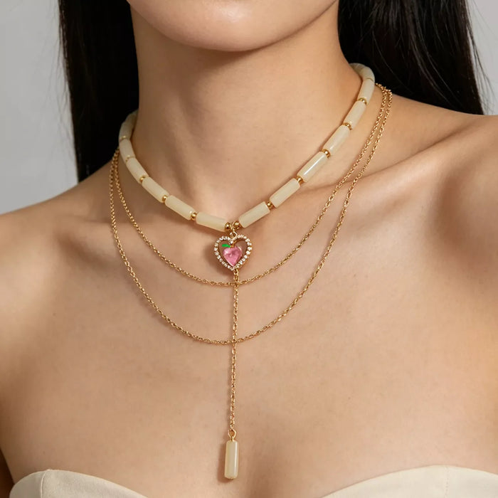 Layered Heart Pendant Necklace for Women with Jade Beads