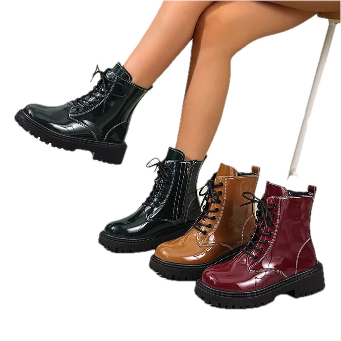 Women's Glossy Finish Lace Up Block Heel Boots
