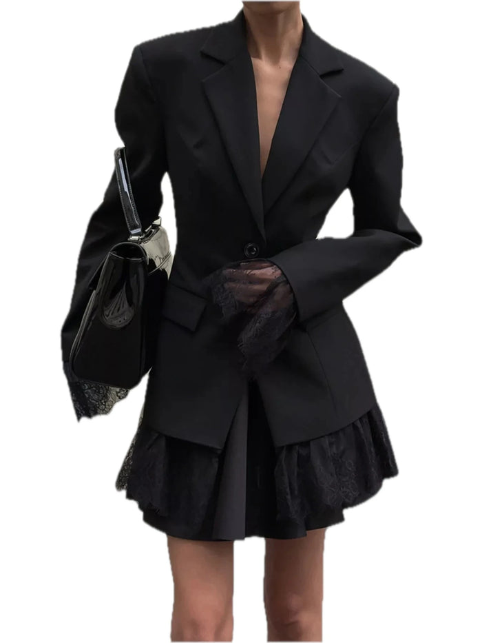 Lace Hem Lapel Collar Blazer for Women