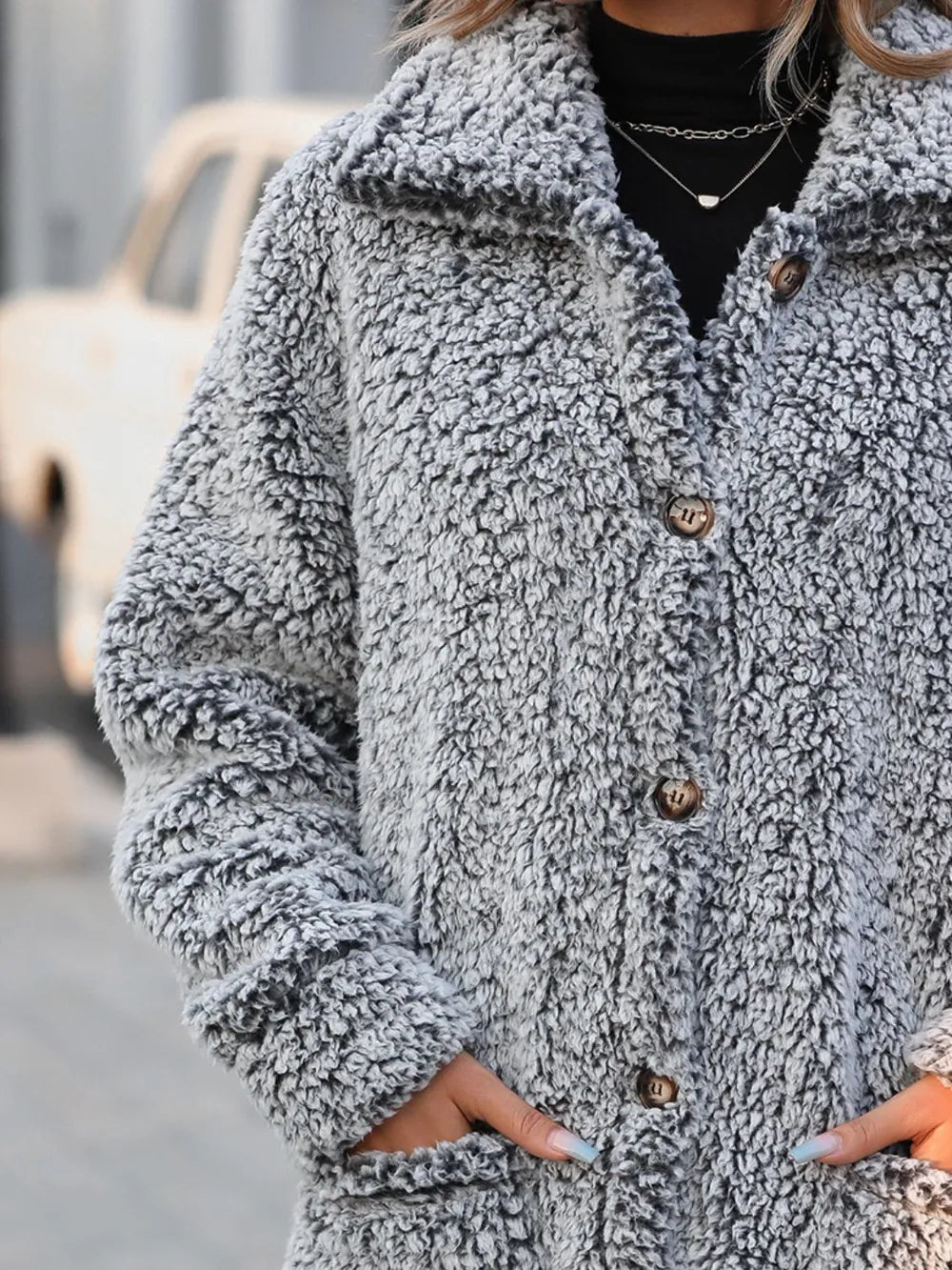 Pocketed Collared Neck Long Sleeve Plush Jacket for Women